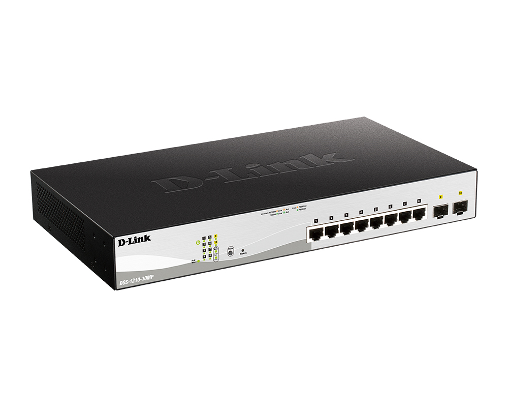 Настраиваемый коммутатор D-Link  WebSmart с 8 портами 10/100/1000Base-T и 2 портами 1000Base-X SFP  DGS-1210-10MP/Комкор DGS-1210-10MP/Комкор(Акадо)