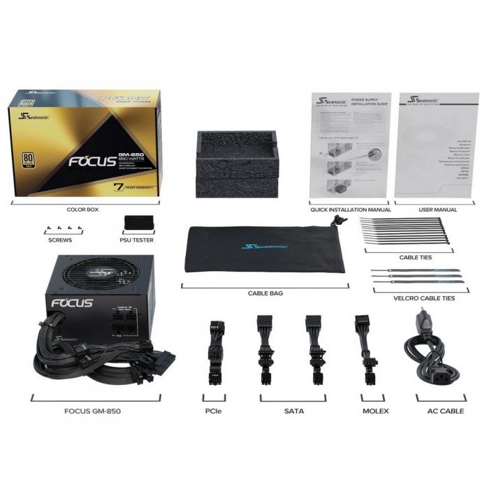 Блок питания Seasonic FOCUS GM-850 APFC 0.99; Модульный МВ(20+4), 1xCPU(4+4),6xPCI-E(6+2),8xSATA,3xMolex;Fan 120мм, S2FC ;КПД>87%;100-240В,50-60Гц;Защиты OPP/OVP/UVP/ OCP/OTP/SCP;EnergyStar,RoHS; MTBF>100000ч SSR-850FM SSR-850FM