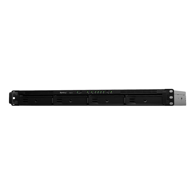 СХД Synology RS819 (Rack1U) QC1,4 GhzCPU/2Gb/RAID0,1,10,5,6/up to 4hot plug HDDs SATA(3,5' or 2,5')(up to 8 with RX418)/2xUSB/1eSATA/2Gi RS819 RS819