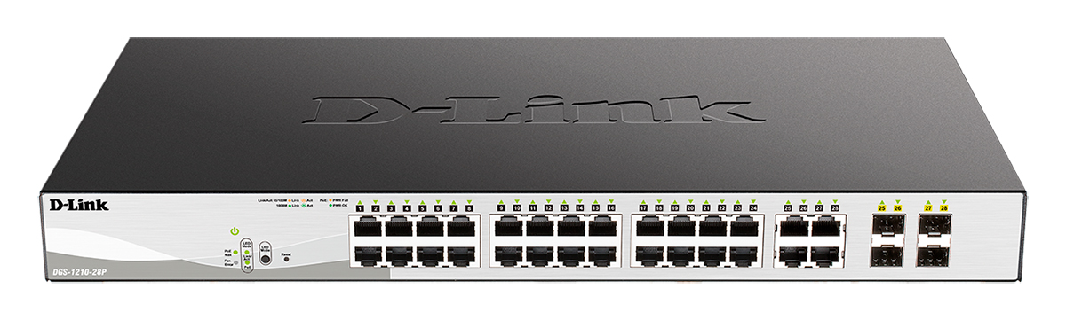 Коммутатор D-Link L2 Smart Switch with 24 10/100/1000Base-T ports and 4 1000Base-T/SFP combo-ports (24 PoE ports 802.3af/802.3at (30 W), PoE Budget 193 W) DGS-1210-28P/F3A DGS-1210-28P/F3A