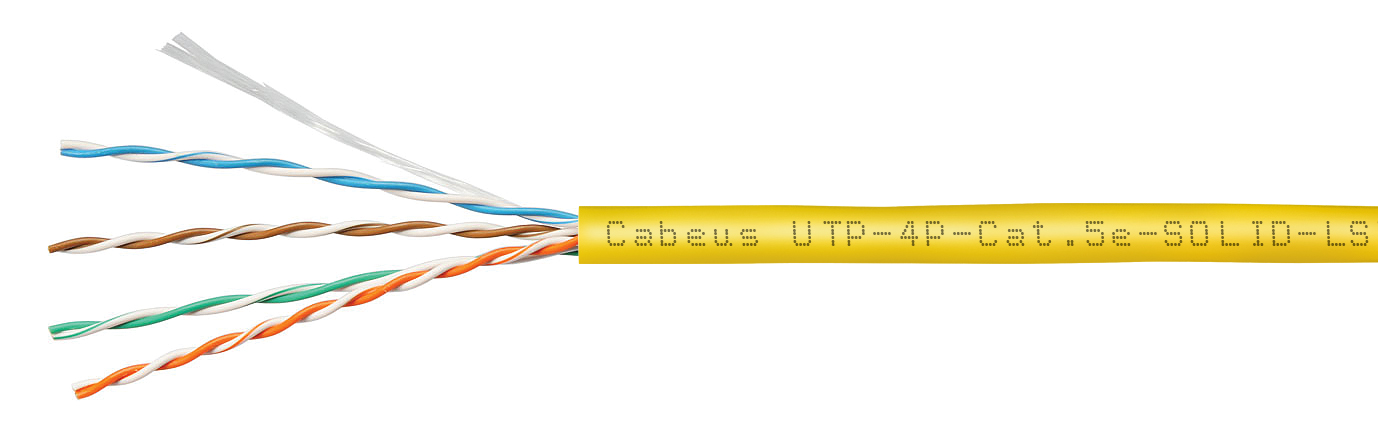 Кабель Cabeus витая пара UTP (U/UTP), категория 5e, 4 пары (24 AWG), одножильный, желтый, LSZH, нг(А)-HF, (305 м), системная гарантия 25 лет. UTP-4P-Cat.5e-SOLID-LSZH-YL UTP-4P-Cat.5e-SOLID-LSZH-YL