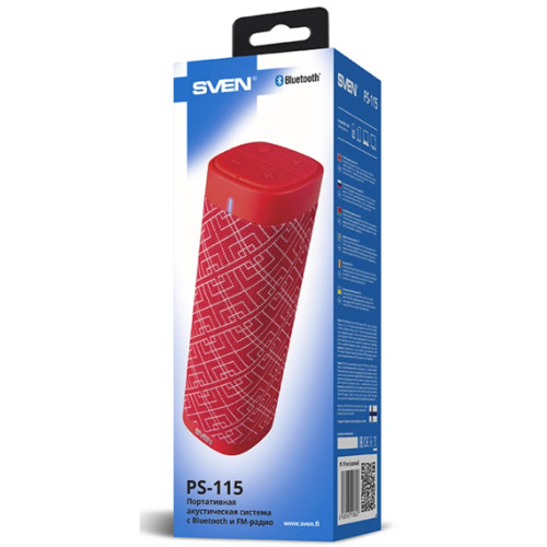Портативная колонка Sven PS-115, красный, (2.0, мощность 2x5 Вт (RMS), TWS, Bluetooth, FM, USB, microSD, встроенный аккумулятор) SV-018627 SV-018627