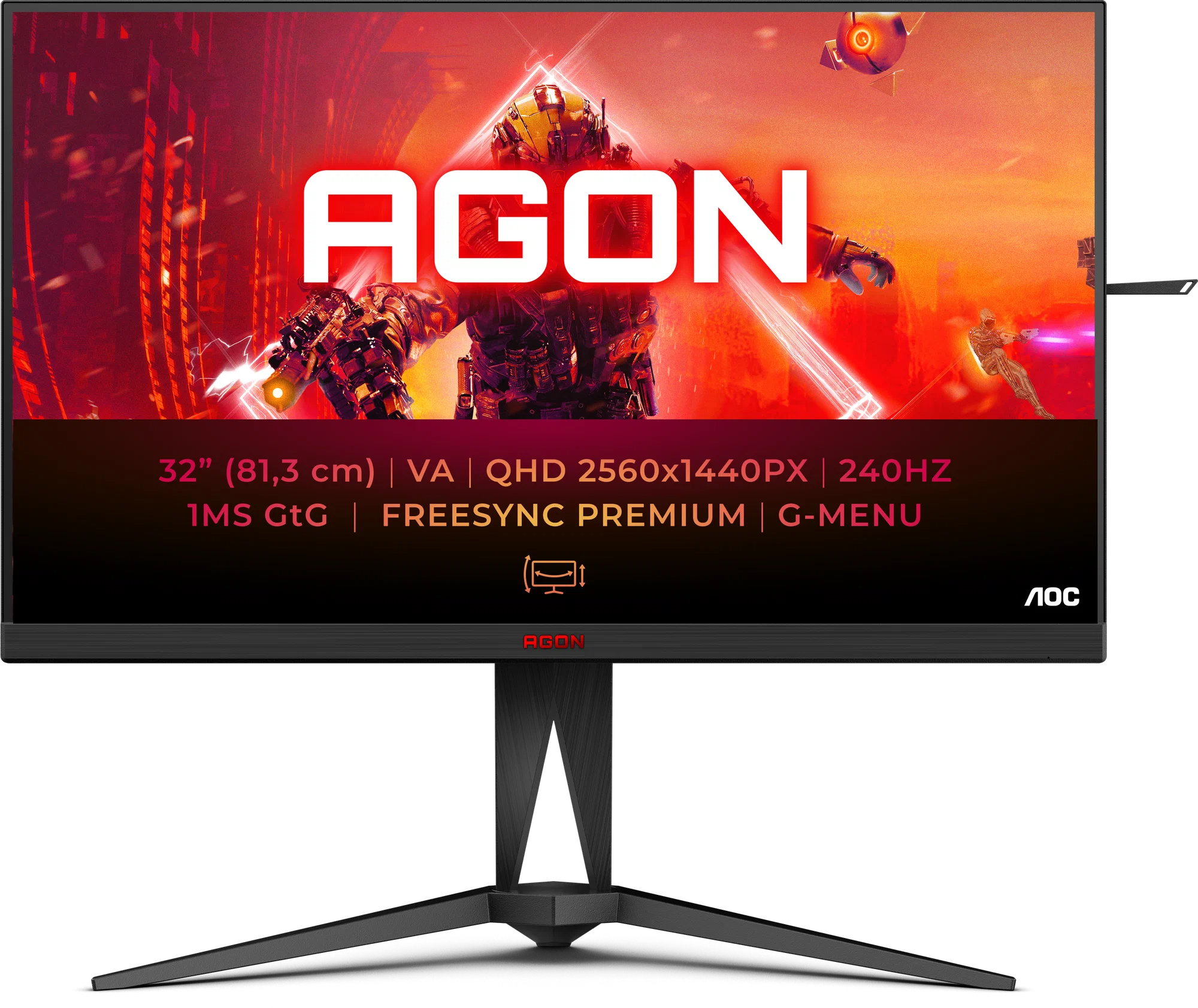 Монитор AOC  31.5'' [16:9] 2560х1440(WQHD) VA, nonGLARE, 240 Hz, 400cd/m2, H178°/V178°, 4000:1, 80M:1, 16.7M, 1ms, 2xHDMI, 2xDP, USB-Hub, Height adj, Pivot, Tilt, Swivel, 3Y, Black AG325QZN AG325QZN