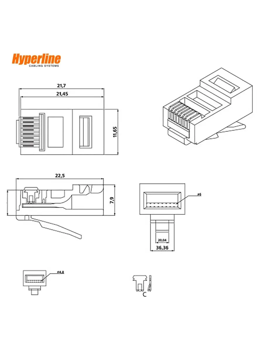 Разъем Hyperline RJ-45(8P8C) под витую пару, категория 5e (50 µ"/ 50 микродюймов), универсальный (100 шт) PLUG-8P8C-U-C5-100 PLUG-8P8C-U-C5-100