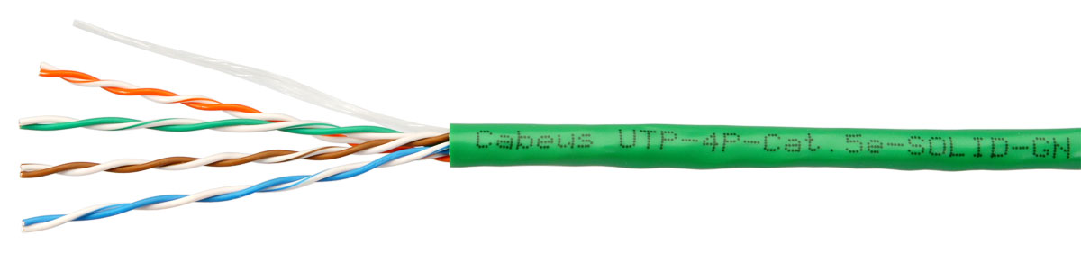 Кабель Cabeus витая пара UTP (U/UTP), категория 5e, 4 пары (24 AWG), одножильный, PVC нг(А)-LS, зеленый (305 м), системная гарантия 25 лет. UTP-4P-Cat.5e-SOLID-GN UTP-4P-Cat.5e-SOLID-GN