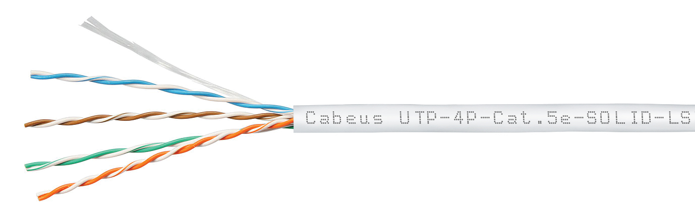 Кабель Cabeus витая пара UTP (U/UTP), категория 5e, 4 пары (24 AWG), одножильный, белый, LSZH, нг(А)-HF, (305 м), системная гарантия 25 лет. UTP-4P-Cat.5e-SOLID-LSZH-WH UTP-4P-Cat.5e-SOLID-LSZH-WH