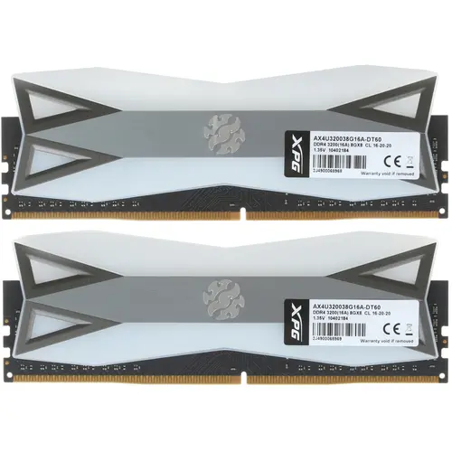 Модуль памяти ADATA 16GB DDR4 3200 DIMM XPG SPECTRIX D60G RGB Grey Gaming Memory Non-ECC, CL16, 1.35V, 1024x8, Kit (2x8GB), RTL (774824) AX4U320038G16A-DT60 AX4U320038G16A-DT60
