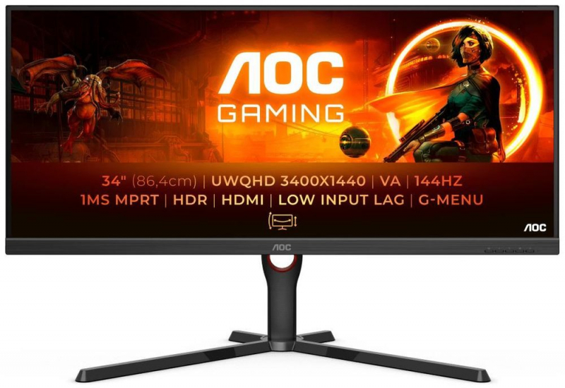 Монитор AOC 34" U34G3XM 3440x1440@144Гц VA LED 16:9 4(1)ms 2*HDMI DP Mega infinity DCR 3000:1 178/178 300cd HAS Tilt Swivel Speakers Black  U34G3XM/EU U34G3XM/EU