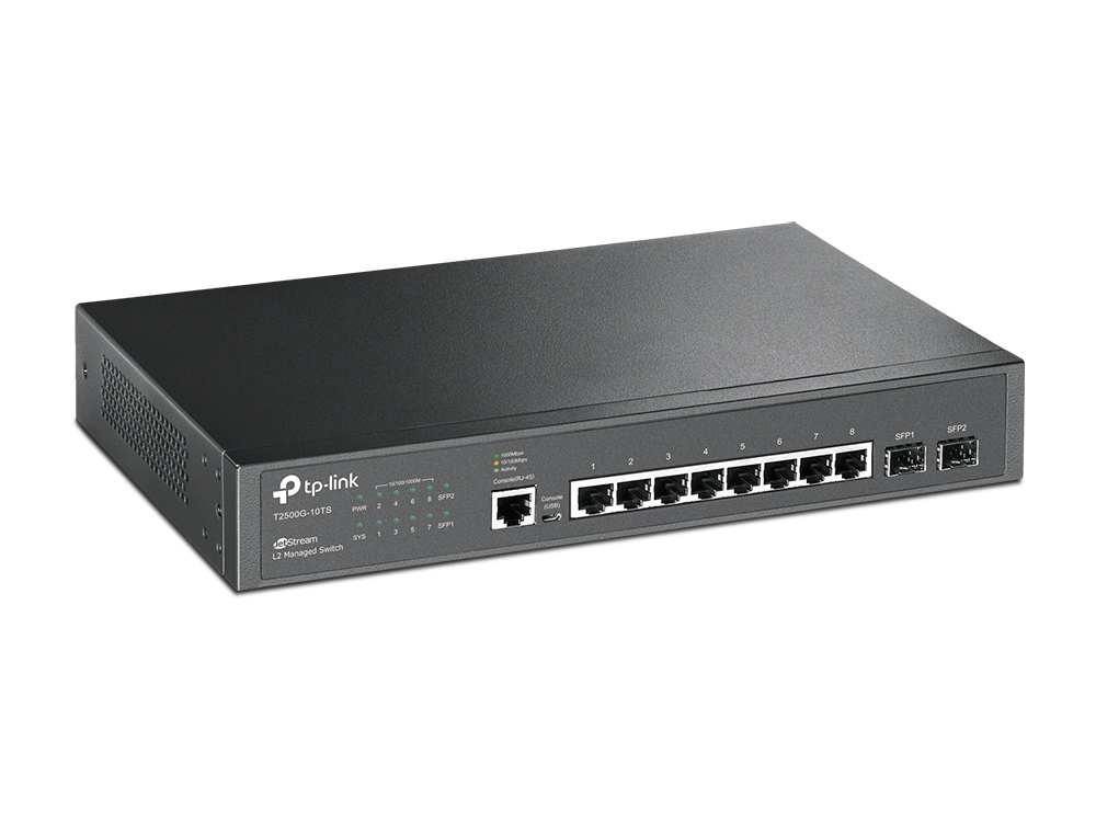 Коммутатор TP-Link L2, 8*10/100/1000, 2*Gb SFP, 1U 19-дюймовый стальной корпус для монтажа в стойку T2500G-10TS T2500G-10TS