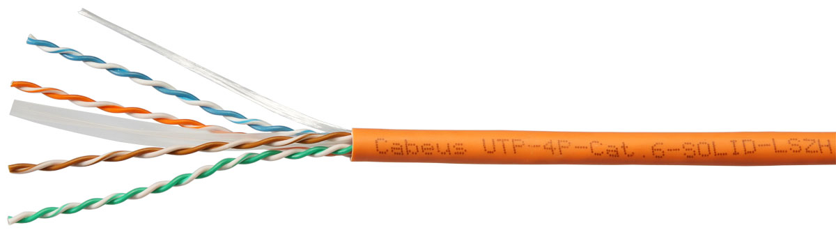 Кабель Cabeus витая пара UTP (U/UTP), категория 6, 4 пары (23 AWG), одножильный, LSZH, нг(А)-HF, (305 м) UTP-4P-Cat.6-SOLID-LSZH UTP-4P-Cat.6-SOLID-LSZH