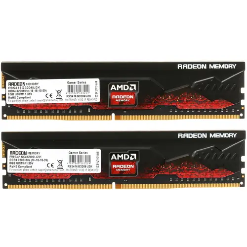 Модуль памяти AMD 16GB Radeon™ DDR4 3200 DIMM R9 Gamers Series Black Gaming Memory Non-ECC, CL16, 1.35V, Heat Shield, Kit (2x8GB), RTL (183214) R9S416G3206U2K R9S416G3206U2K