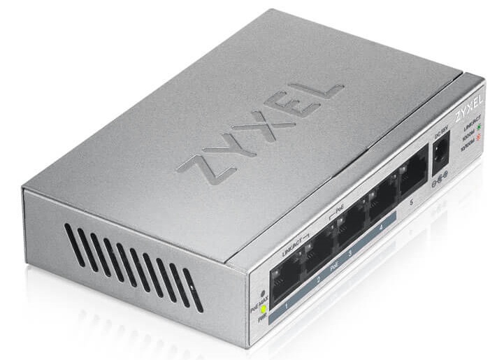 Коммутатор ZYXEL 5xGE (4xPoE+), настольный, металлический, бесшумный, бюджет PoE 60 Вт GS1005HP GS1005HP