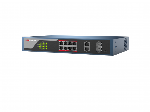 PoE коммутатор Hikvision DS-3E1310P-E 8 RJ45 100M с грозозащитой 4кВ, 1-8 порты с высоким приоритетом; 2 RJ45 1000M PoE; 2 1000М SFP порта DS-3E1310P-E DS-3E1310P-E