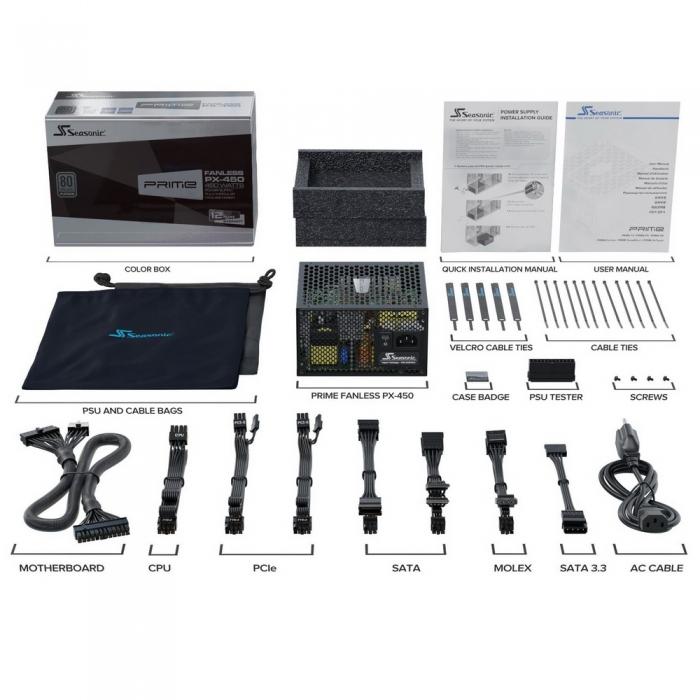 Блок питания Seasonic PRIME Fanless PX-450 Active PFC 0.99; Модульный, МВ (20+4), 1xCPU(4+4),2xPCI-E(6+2),8xSATA,3xMolex,1xMolex to SATA 3.3 Adapter,DC to DC, 50-60 Гц, защиты OPP/OVP/UVP/ OCP/OTP/SCP, MTBF>150000 ч SSR-450PL SSR-450PL