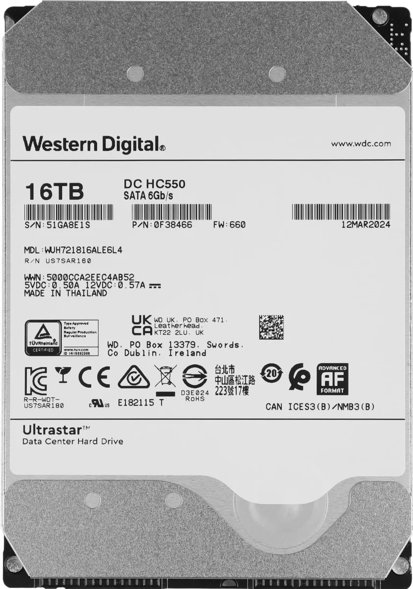 Жесткий диск Western Digital 3.5" 16TB WD Ultrastar DC HC550 SATA 6Gb/s, 7200rpm, 512MB, 0F38462, 512e/4Kn, Bulk WUH721816ALE6L4 WUH721816ALE6L4