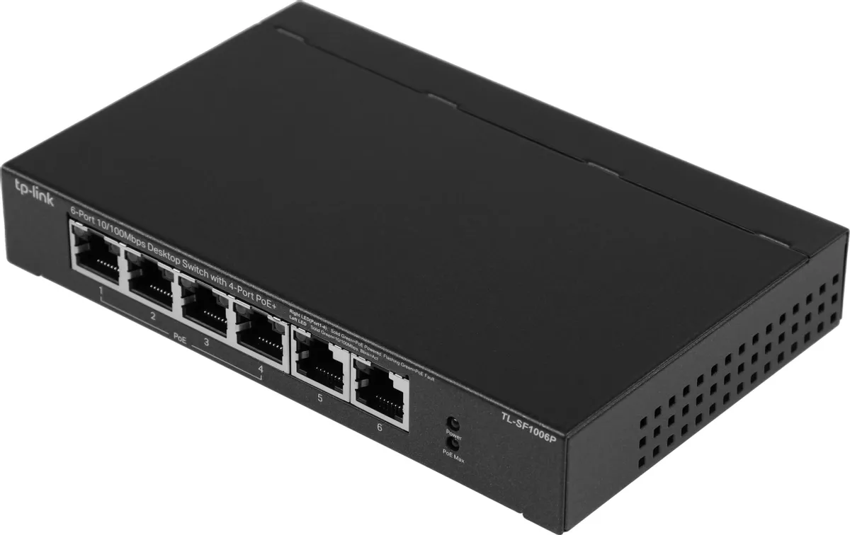 Коммутатор TP-Link 4-port 10/100 Mbit / s unmanaged PoE + switch with 2 10/100 Mbit/s Uplink ports, metal case, desktop installation, 4 802.3 af/at PoE+ ports, 2 10/100 Mbit/s Uplink ports TL-SF1006P TL-SF1006P