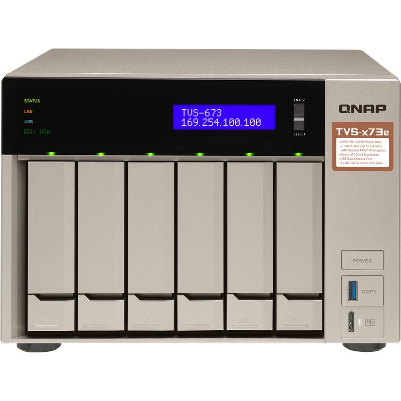 Сетевой RAID-накопитель QNAP 6-tray w/o HDD, 2xM.2 SSD Slot, 2xHDMI-port. Quad-сore AMD quad-core 2.1 GHz up to 3.4 GHz , 8GB DDR4 (2 x 4GB) up to 64GB (4 x 16GB), 4x Gigabit LAN TVS-673e-8G TVS-673e-8G