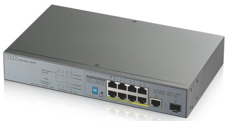 Коммутатор Zyxel GS1300-10HP PoE + switch for IP cameras, 9xGE (8xPoE +), 1xSFP, PoE budget 130 W, power transmission distance up to 250 m, increased overvoltage GS1300-10HP-EU0101F GS1300-10HP-EU0101F
