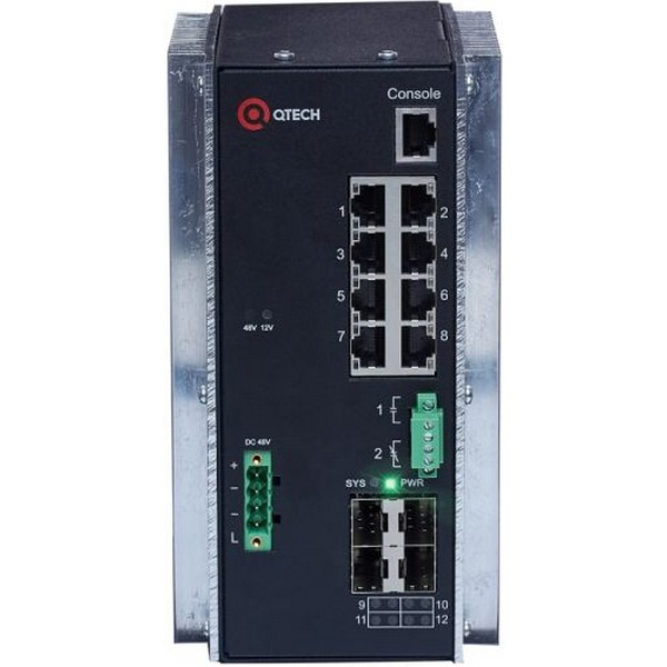 Коммутатор Qtech  L3 с поддержкой PoE 802.3af/at, 8 портов 10/100/1000BASE-T, 4 порта 1000 BASE-X SFP, 4К VLAN, 16K MAC-адресов, консольный порт (на передней панели), встроенный блок питания 48В DC (на передней панели) QSW-3310-12T-I-POE-DC QSW-3310-12T-I-POE-DC