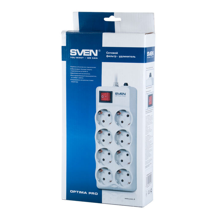 Сетевой фильтр SVEN Optima Pro 3.1 м, 8 евророзеток, серый (SV-0231031GR Pro) SV-0231031GR Pro