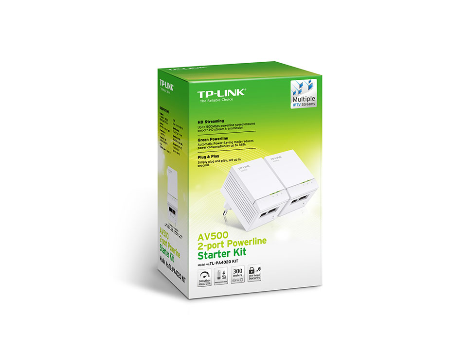 Адаптер TP-Link AV500, 500 Мбит/с Powerline, 2*Ethernet, HomePlug AV, 2 устройства в комплекте TL-PA4020KIT TL-PA4020KIT