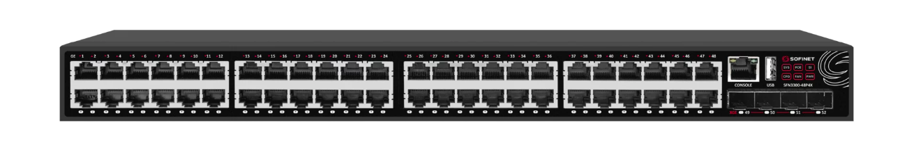 Коммутатор Sofinet  L3,48x10/100/1000Mb,RJ45,4x1/10Gb,SFP+,PoE 760 Вт,2 БП SFN3300-48P4X-2AC SFN3300-48P4X-2AC