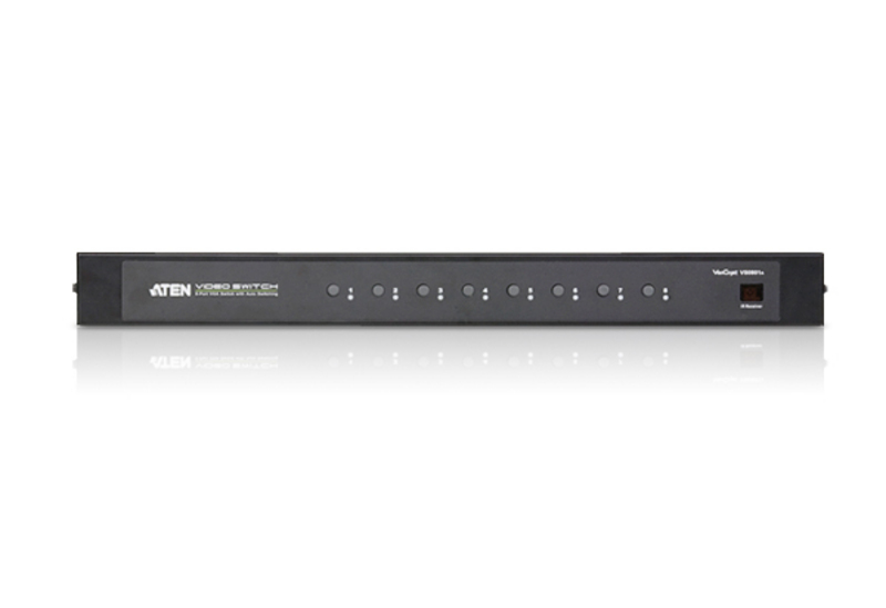 KVM переключатель ATEN VGA/SVGA+AUDIO, 8> 1 монитор, с VGA-Audio-шнуром 1x1.8м., (DDC2B;пульт ДУ) VS0801A-AT-G VS0801A-AT-G