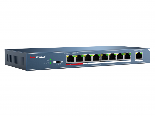 PoE коммутатор Hikvision DS-3E0109P-E 8 RJ45 100M с грозозащитой 4кВ, 1-2 порты с высоким приоритетом; 1 Uplink порт 100М Ethernet DS-3E0109P-E DS-3E0109P-E