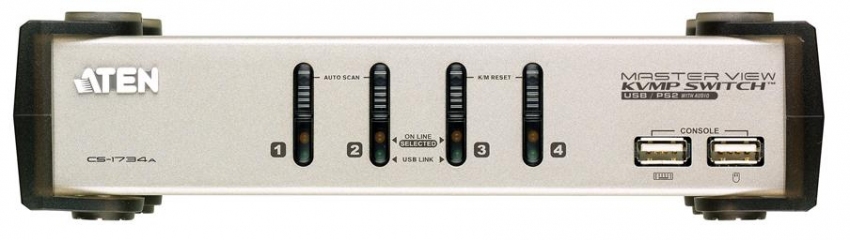 KVM переключатель ATEN VGA/SVGA+KBD+MOUSE+AUDIO, 1> 4 блока/порта PS/2;USB, c KVM-шнурами USB 2х1.2+2х1.8 м CS1734AC-AT CS1734AC-AT