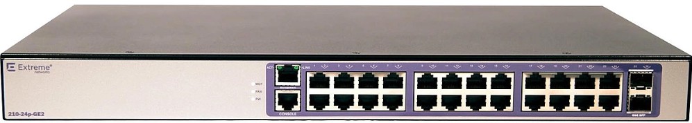Коммутатор Extreme Networks 210-24p-GE2, 210-Series 24 port 10/100/1000BASE-T PoE+, 2 1GbE unpopulated SFP ports, 1 Fixed AC PSU, L2 Switching with Static Routes, 1 country-specific power cord 16569 16569