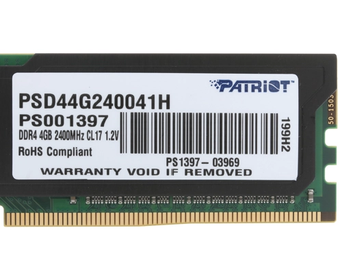 Модуль памяти Patriot DDR4 4Gb 2400MHz  RTL PC4-19200 CL16 DIMM 288-pin 1.2В PSD44G240041H PSD44G240041H