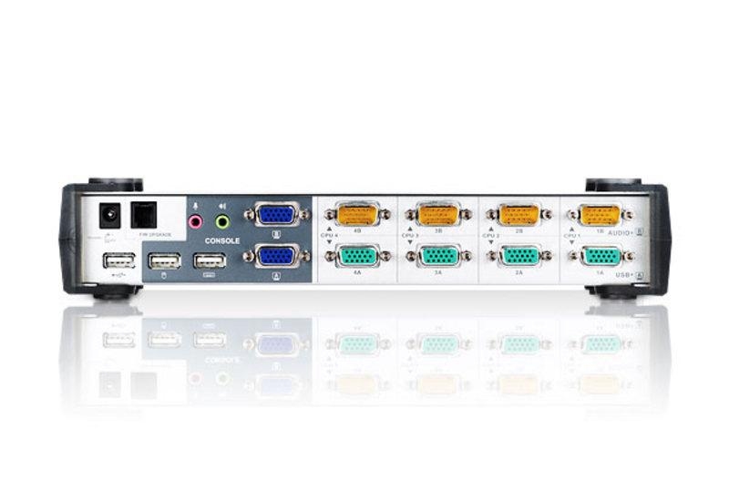 KVM переключатель ATEN VGA/SVGA+KBD+MOUSE+AUDIO, 1> 4 порта USB, 2 VGA, c KVM-шнурами USB 4х1.8м.+MINIJACK 4х1.8м CS1744C-AT CS1744C-AT