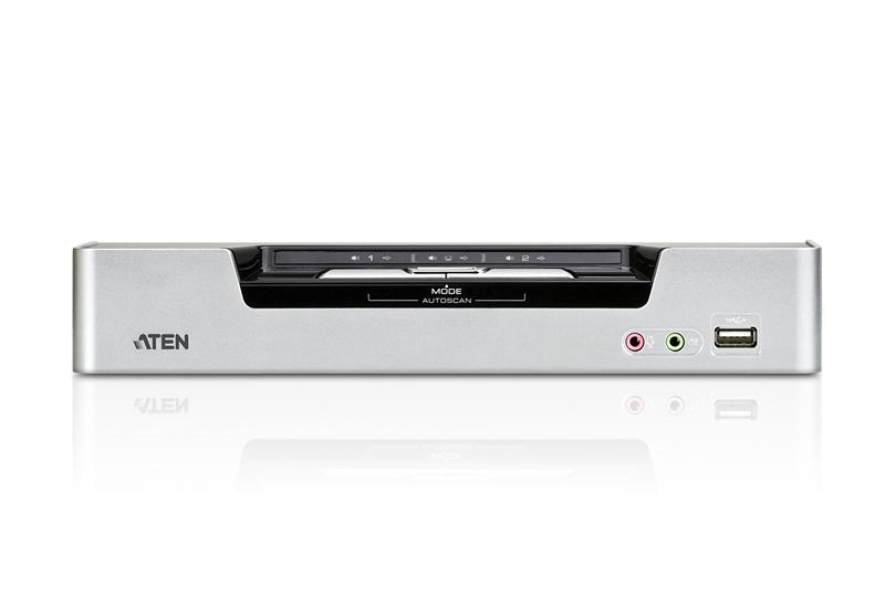 KVM переключатель ATEN VGA/SVGA+KBD+MOUSE+AUDIO, 1> 2 порта USB, 2 DVI, со шнурами USB/DVI 2х1.8м.+DVI Dual Link 2х1.8м CS1642A-AT-G CS1642A-AT-G