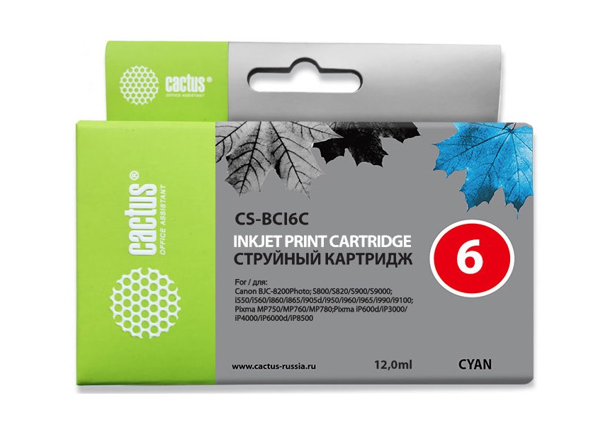 Картридж Cactus струйный CS-BCI6C голубой для Canon S800/ S820/ S900/ S9000; i550/ i560/ i860/ i865/ CS-BCI6C CS-BCI6C