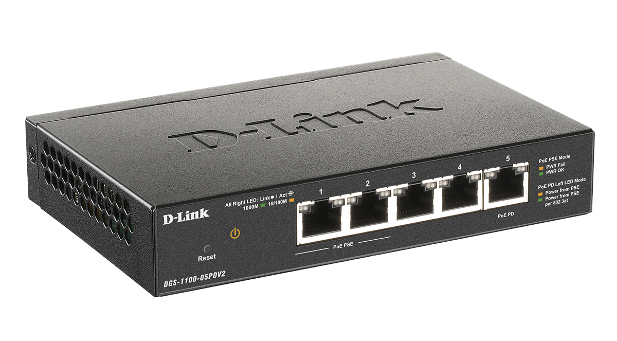 Коммутатор D-Link EasySmart L2 Switch 4х1000Base-T (2x1000Base-T PoE), 1x1000Base-T PD PoE, PoE Budget 18W, PD PoE power only   DGS-1100-05PDV2/A1A DGS-1100-05PDV2/A1A
