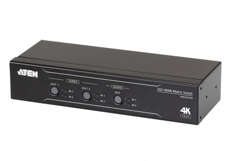 KVM-переключатель ATEN электрон,/Switch matrix, HDMI, 2> 2 устройства, без шнуров, (передача сигнала до 5 м,;max data rate 18 гбит/с;max pixel clock 600 МГц;макс,разр, до 4096x2160/3840 x 2160 60Hz (4:4:4);подд, 3D/DeepColor/HDCP 2,2/CEC) VM0202HB-AT VM0202HB-AT-G