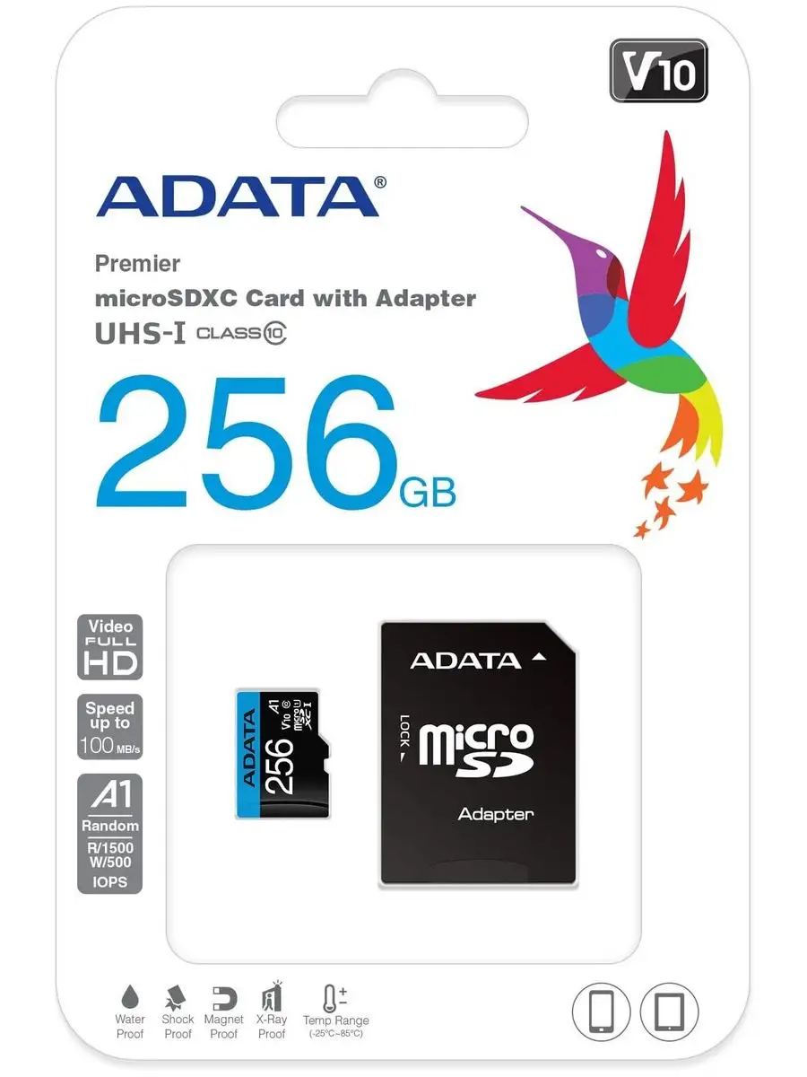 Карта памяти ADATA AUSDX256GUICL10A1-RA1 microSDXC 256GB,Class 10,UHS-I,A1,100/25 MB/s,SD адаптер AUSDX256GUICL10A1-RA1 AUSDX256GUICL10A1-RA1