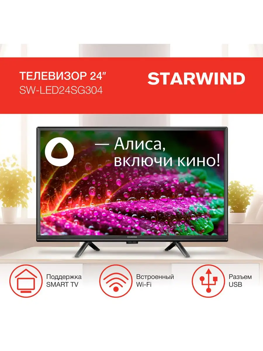 Телевизор Starwind SW-LED24SG304 24",Яндекс.ТВ,Slim Design,черный,HD,60Hz DVB-T SW-LED24SG304 SW-LED24SG304