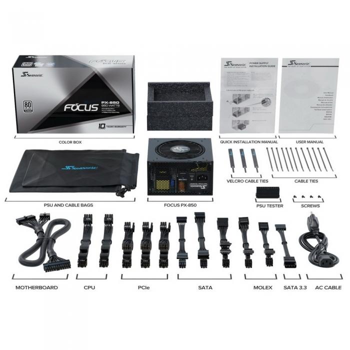 Блок питания Seasonic FOCUS PX-850 APFC 0.99; Модульный МВ(20+4), 2xCPU(4+4),6xPCI-E(6+2),10xSATA,3xMolex,2xMolex to Sata 3.3 Adapter;Fan 120мм, S3FC ;КПД>90%;100-240В,50-60Гц;Защиты OPP/OVP/UVP/ OCP/OTP/SCP;EnergyStar,RoHS; MTBF>100000ч SSR-850PX SSR-850PX