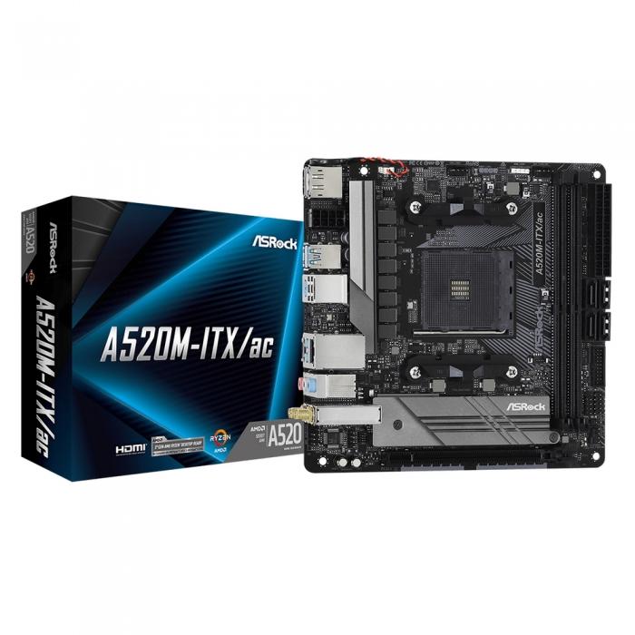 Материнская плата ASRock , Socket AM4, AMD A520, 2xDDR4-3200, HDMI+DP, 1xPCI-Ex16, 4xSATA3(RAID 0/1/10), 1xM.2, 8 Ch Audio, 1xGLan, WiFi, (2+2)xUSB2.0, (3+2)xUSB3.2, (1+0)xUSB3.2 Type-C™, 1xPS/2, Mini-ITX, RTL, A520M-ITX/AC A520M-ITX/AC