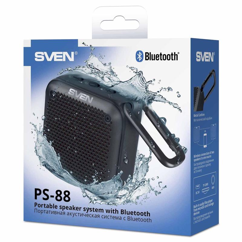 Портативная колонка Sven PS -88, черный (7 Вт, Waterproof (IPx7), TWS, Bluetooth, microSD, карабин, 1500мА*ч) SV-018474 SV-018474