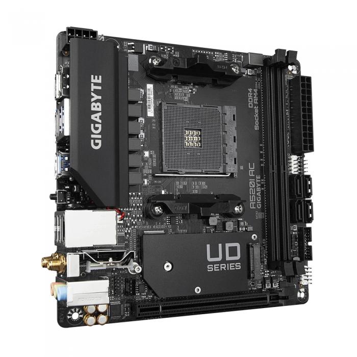 Материнская плата Gigabyte , Socket AM4, AMD A520, 2xDDR4-3200, HDMI+HDMI+DP, 1xPCI-Ex16, 4xSATA3(RAID 0,1,10), 1xM.2, 8 Ch Audio, GLan, WiFi, (2+2)xUSB2.0, (4+2)xUSB3.2, Mini-ITX, RTL A520I AC A520I AC
