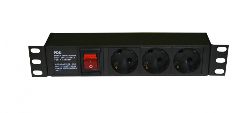 Блок распределения питания Hyperline 10", 250В, 1U, 16А, 3 розетки Schuko, с выключателем, алюминиевый корпус, разъем IEC 60320 C14 SHE10-3SH-S-IEC SHE10-3SH-S-IEC