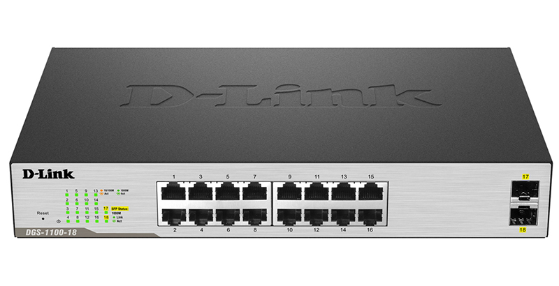 DGS-1100-18 Коммутатор D-Link DGS-1100-18 16-port 10/100/1000Base-T + 2 Gigabit SFP ports DGS-1100-18