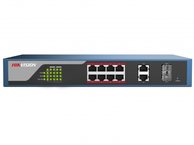 PoE коммутатор Hikvision DS-3E1310P-E 8 RJ45 100M с грозозащитой 4кВ, 1-8 порты с высоким приоритетом; 2 RJ45 1000M PoE; 2 1000М SFP порта DS-3E1310P-E DS-3E1310P-E