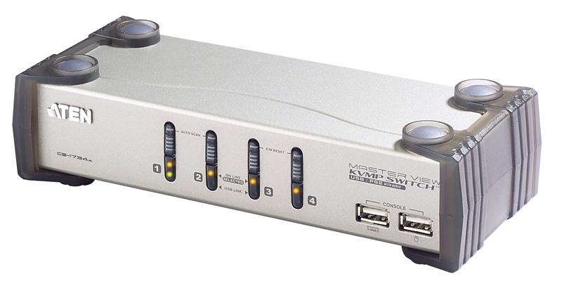 KVM переключатель ATEN VGA/SVGA+KBD+MOUSE+AUDIO, 1> 4 блока/порта PS/2;USB, c KVM-шнурами USB 2х1.2+2х1.8 м CS1734AC-AT CS1734AC-AT