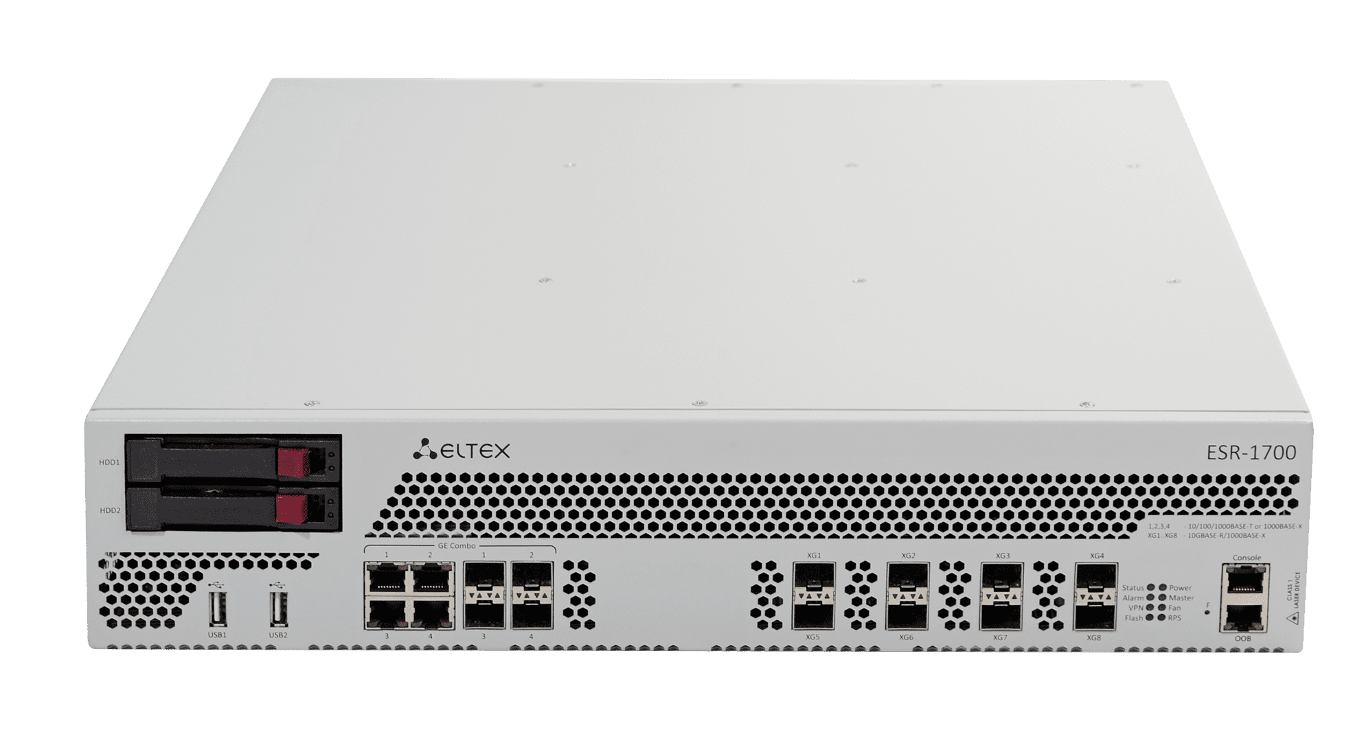 Маршрутизатор Eltex  ESR-1700, 4х combo 10/100/1000BASE-T/1000Base-X,8х 10GBASE-R SFP+, 2x USB 2.0, 32GB RAM, 1 GB Flash, 2 слота для модулей питания  ESR-1700