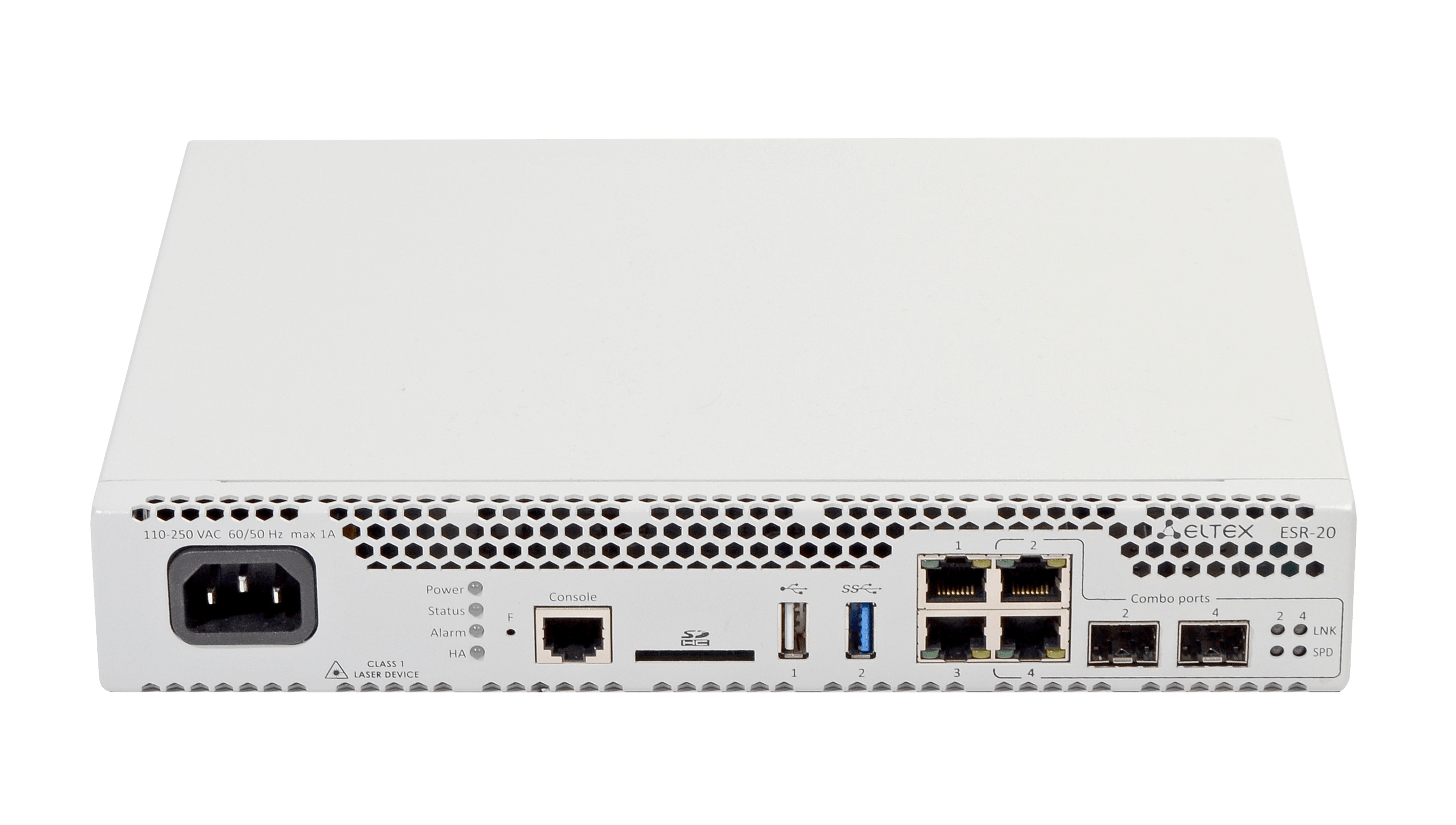 Маршрутизатор Eltex  ESR-20, 2 х 10/100/1000BASE-T, 2 x Combo 10/100/1000BASE-T/1000BASE-X SFP, 1 x USB 2.0, 1 x USB 3.0, 1 слот для SD-карт, Console, ESR-20