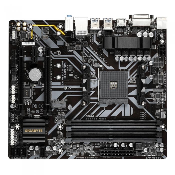 Материнская плата Gigabyte , Socket AM4, AMD B450, 4xDDR4-2933, DVI-D+HDMI, 2xPCI-Ex16, 1xPCI-Ex1, 4xSATA3(RAID 0/1/10), 1xM.2, 8 Ch Audio, GLan, (4+4)xUSB2.0, (4+2)xUSB3.1, 1xPS/2, mATX, RTL B450M DS3H V2 B450M DS3H V2