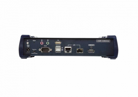 Удлинитель-передатчик ATEN KVM USB HDMI+AUDIO+RS232, 10км при прямом подкл через SFP модуль/неогранич, через switch, 1xUTP Cat5e, HDMI+4xUSB A-тип+2xMINI JACK+DB9+SFP, 9xF+M, спец,шнур, PoE, (макс,разр,3840x2160) KE8952R-AX KE8952R-AX